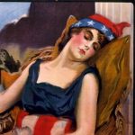 A painting of a woman in a patriotic hat.